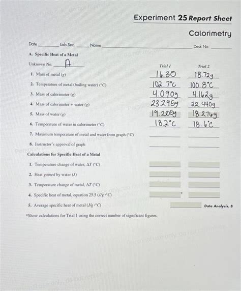 Solved Experiment 25 Report Sheet Calorimetry Date 